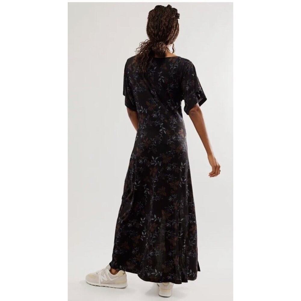 Free People Maxi Dress Black Side Slit Size M Short Sleeve Grunge Witchy Floral‌ - Picture 2 of 16